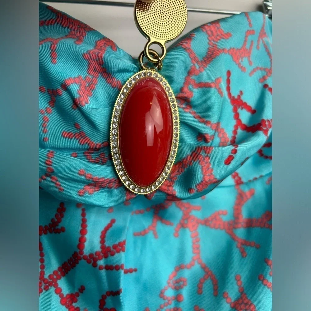 Lilly Pulitzer Turquoise Coral Print Strapless Dress with Red Accent - Picture 7 of 13